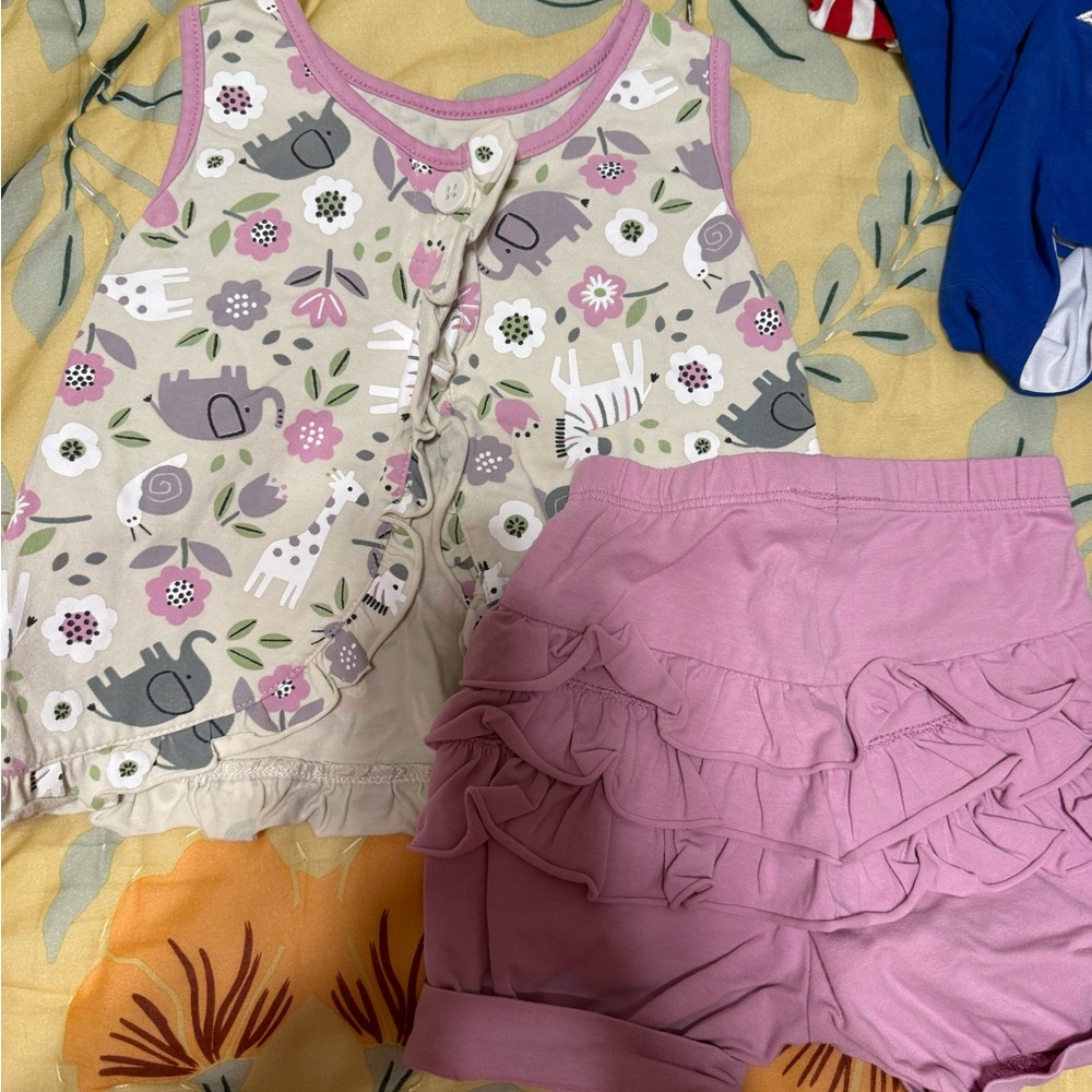 Girls Pink Floral & Animal Print Tank Top and Pink Ruffle Shorts Matching Set